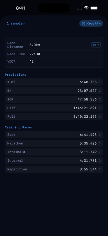 RunPlan detail card with predictions and training-pace tables