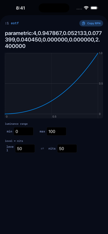 EOTF detail sheet showing the sRGB transfer curve
