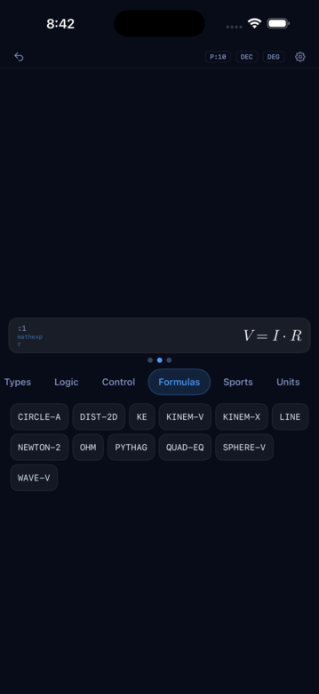 Formulas keyword grid with a MathExpr card just pushed