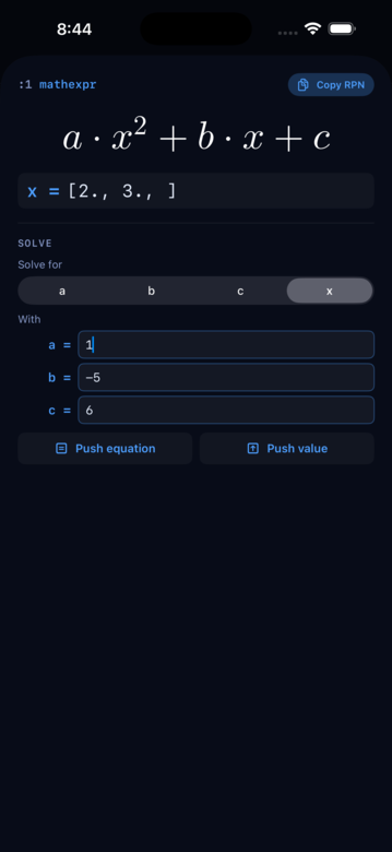 MathExpr detail card mid-scrub with multi-root live result