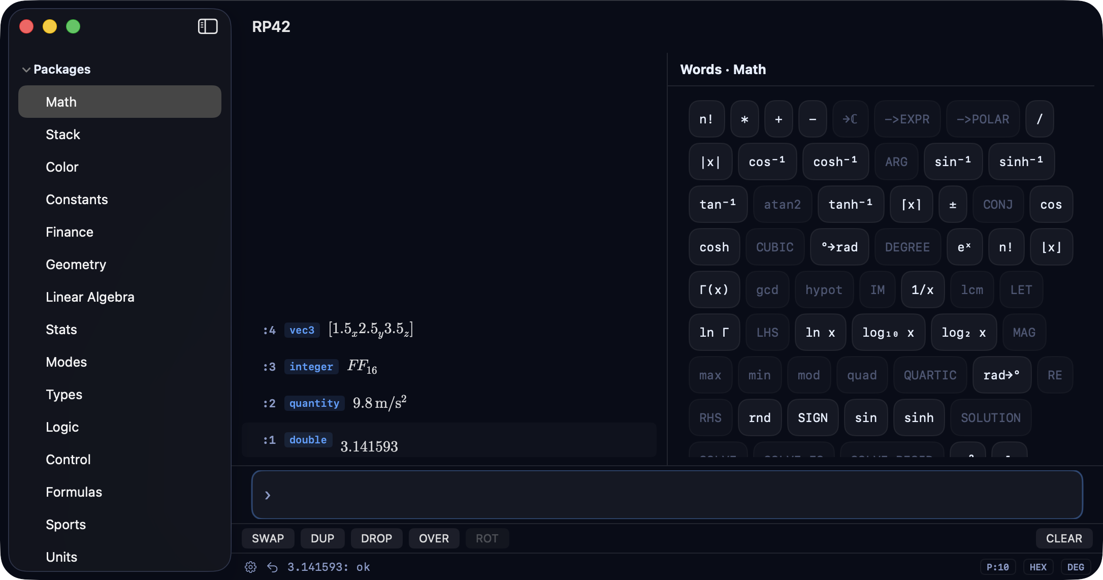 RP42 on macOS — three-column layout